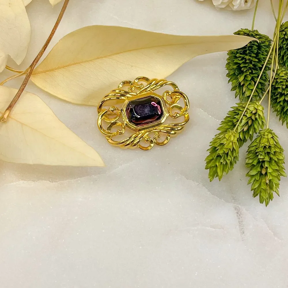 Gold Plated‎ Brooch with Amethyst Colored Center Stone